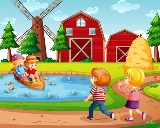 农场四个孩子在农场与红色谷仓和风车的场景棚户外孩子