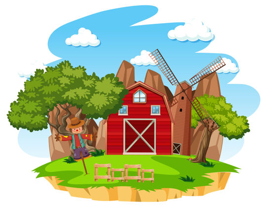乡村白色背景上有红色谷仓和风车的农场风车稻草人谷仓