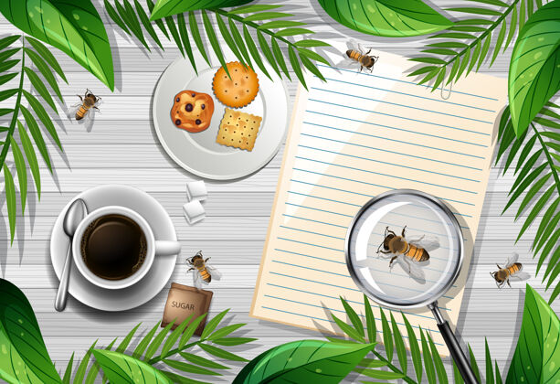绿色木桌顶视图 带有办公用品 树叶和昆虫元素纹理树叶顶视图