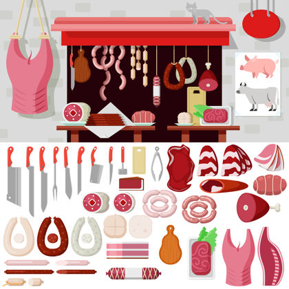 牛平面风格屠宰店工作场所的对象套件实物模型图标设置肉制品工具 以建立屠宰套件收集香肠刀猪