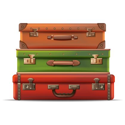 行李旅行收集的手提箱堆叠在彼此顶部的皮革隔离在白色背景上逼真堆叠复古