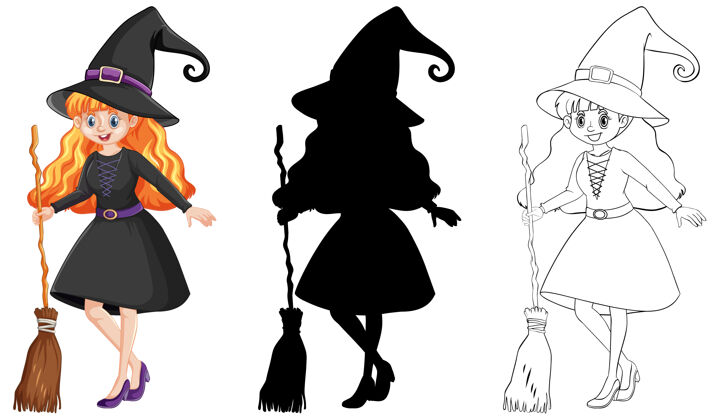 彩色巫婆用扫帚在颜色和轮廓和轮廓卡通人物隔离在白色背景上剪贴画魔术彩色