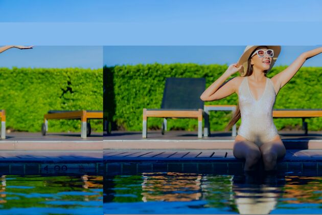 享受美丽的亚洲年轻女子在度假酒店的室外游泳池周围放松的肖像享受游泳阳光